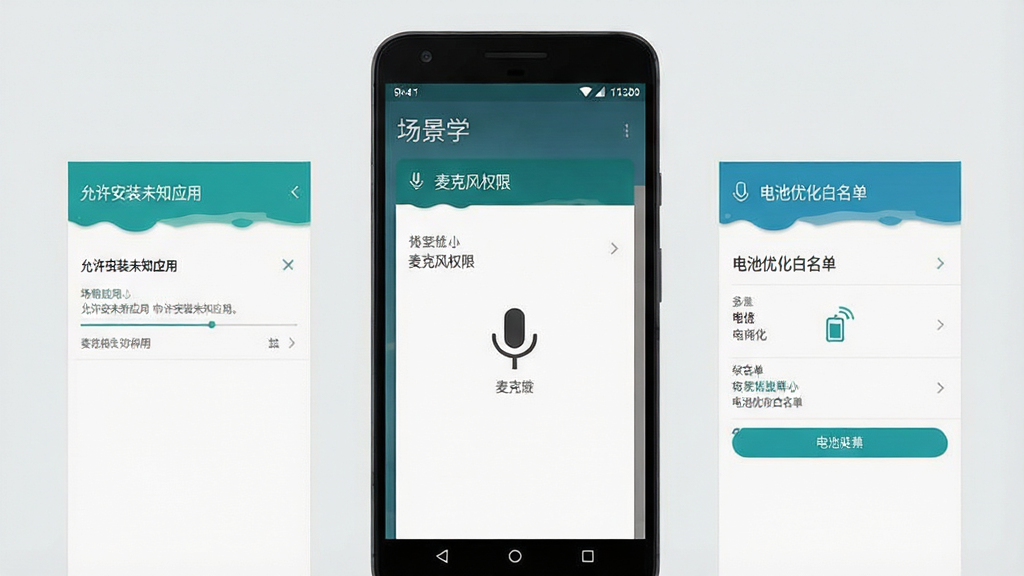 场景学APP新手安装与权限设置示意图,画面展示一部安卓手机屏幕,上面依次排列着“允许安装未知应用”“麦克风权限”“电池优化白名单”三个设置界面截图,背景为浅灰色,风格简洁明了,排版整齐,画质高清,干净无多余元素,图中文字为“场景学”。
