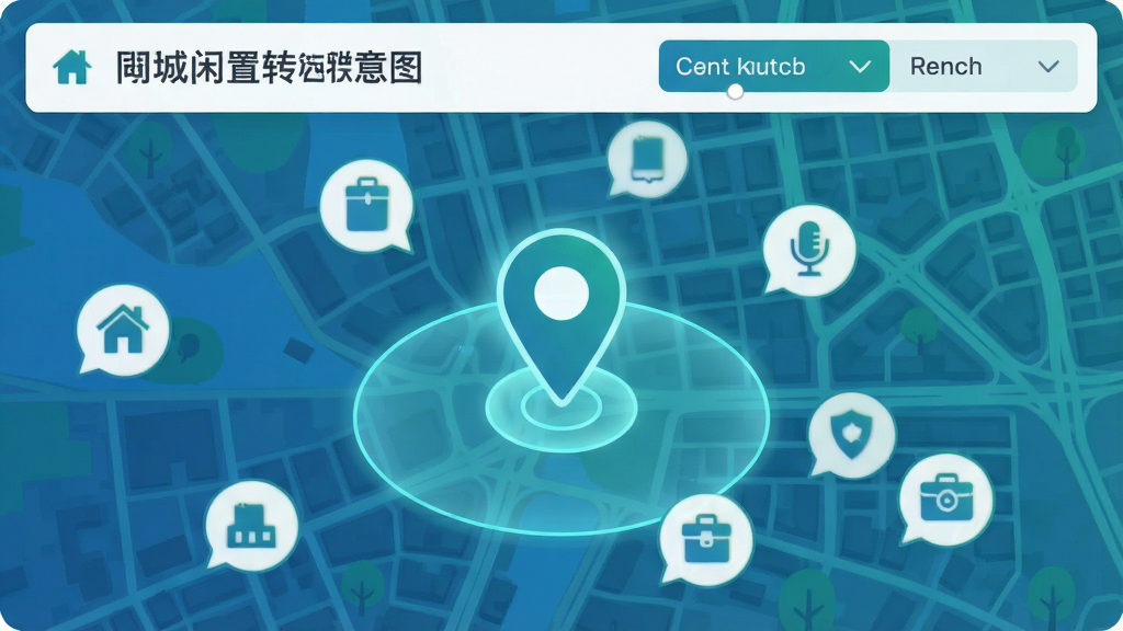 同城闲置转让平台同城定位功能示意图,画面以城市地图为背景,地图上散布多个物品图标代表附近闲置商品,一个醒目的定位标志位于地图中央,周围有光圈扩散效果表示搜索范围,地图上方显示城市名称和距离筛选条,整体风格扁平化科技感,蓝绿色调,布局清晰,画质高清,干净无多余元素