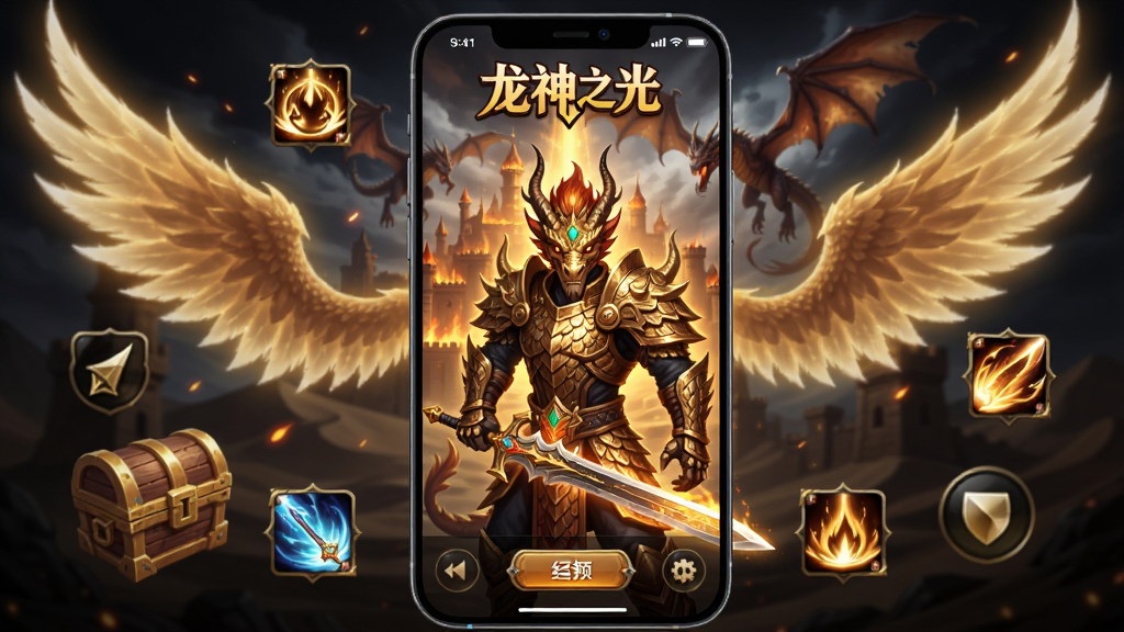 画面中央是一部竖屏智能手机,手机屏幕上展示着“龙神之光”游戏主界面,角色身穿金色龙鳞铠甲手持发光长剑,背景是燃烧的沙城与飞舞的巨龙,手机周围环绕着光翼、宝箱、技能图标等游戏元素,布局采用居中对称式构图,风格为暗黑奇幻写实风,细节包含铠甲纹理、火焰粒子、UI按钮高光,画质高清,画面干净,无多余元素