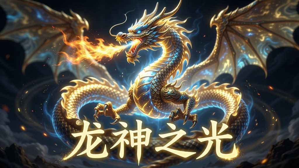 画面主体是一条盘旋的东方巨龙,龙身由金色与蓝色光芒构成,龙头高昂口吐龙息,龙爪下方悬浮着“龙神之光”四个发光大字,布局采用居中放射状构图,风格为玄幻CG插画风,细节包含龙鳞高光、火焰粒子、光翼展开效果,画质高清,画面干净,无多余元素