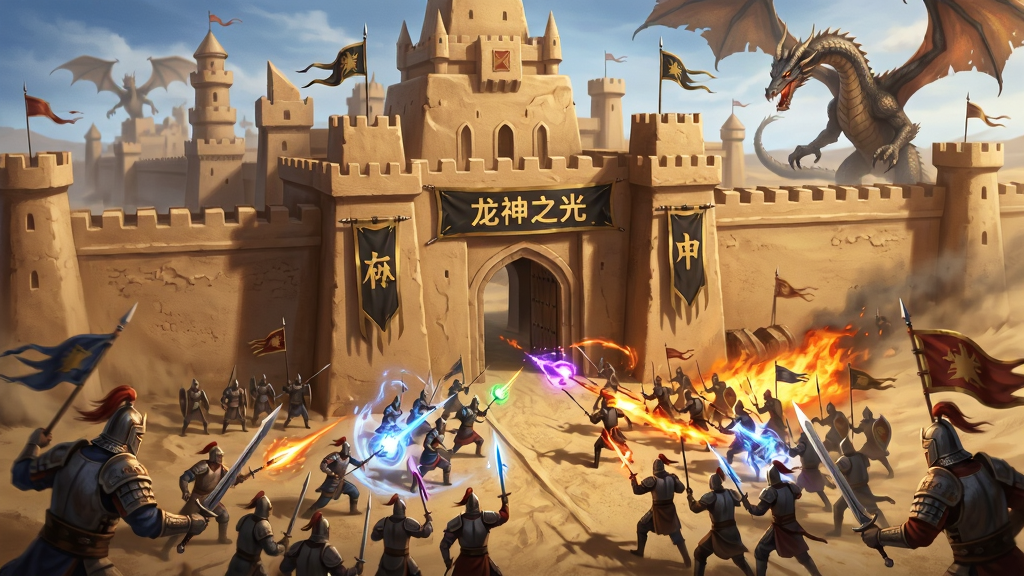 画面中央是一座雄伟的沙城城门,城门上悬挂着“龙神之光”的旗帜,城门外两支队伍正在交战,技能特效与火焰交织,远处有巨龙盘旋,布局采用大场景俯视构图,风格为史诗战争插画风,细节包含士兵铠甲、技能光效、城墙纹理,画质高清,画面干净,无多余元素