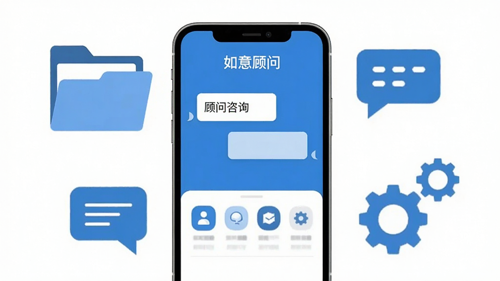 画面中央展示一部智能手机,手机屏幕上显示“如意顾问”APP的主界面,界面中有顾问咨询对话框和功能图标。手机周围环绕着简洁的商务元素,如文件夹、对话气泡、齿轮图标,整体采用扁平化设计风格,配色以蓝色和白色为主,布局干净整洁,画质清晰,无多余元素。