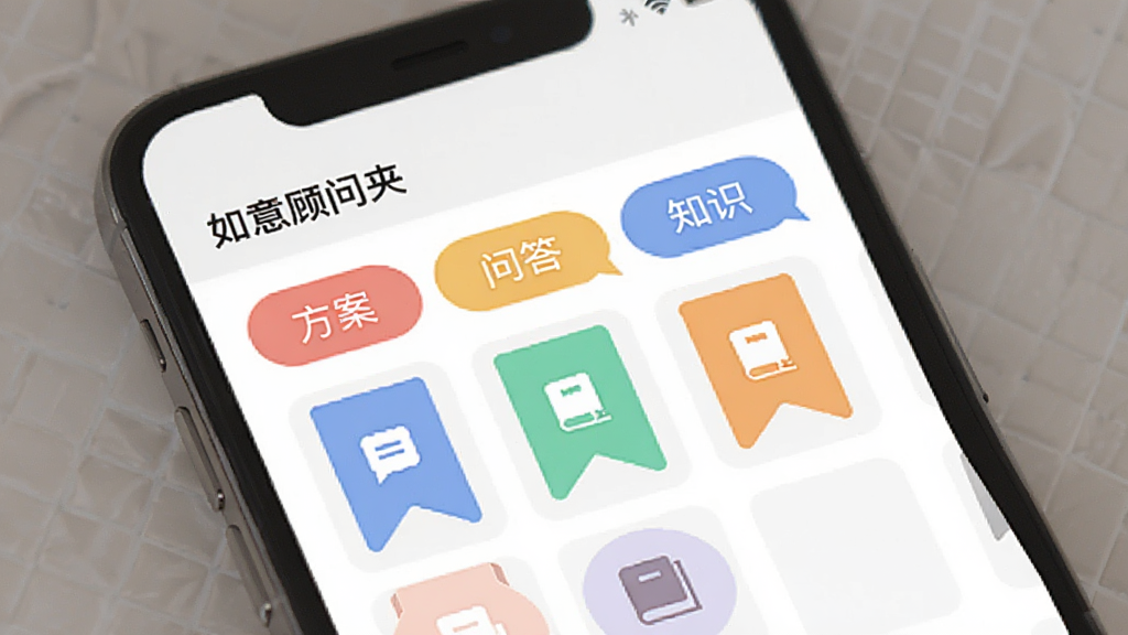 画面展示一个手机屏幕,屏幕上显示“如意顾问”的收藏夹界面,界面中有多个彩色标签和书签图标,标签上分别写着“方案”“问答”“知识”等字样。整体风格为扁平化设计,配色柔和,布局清晰,画质干净,无多余元素。
