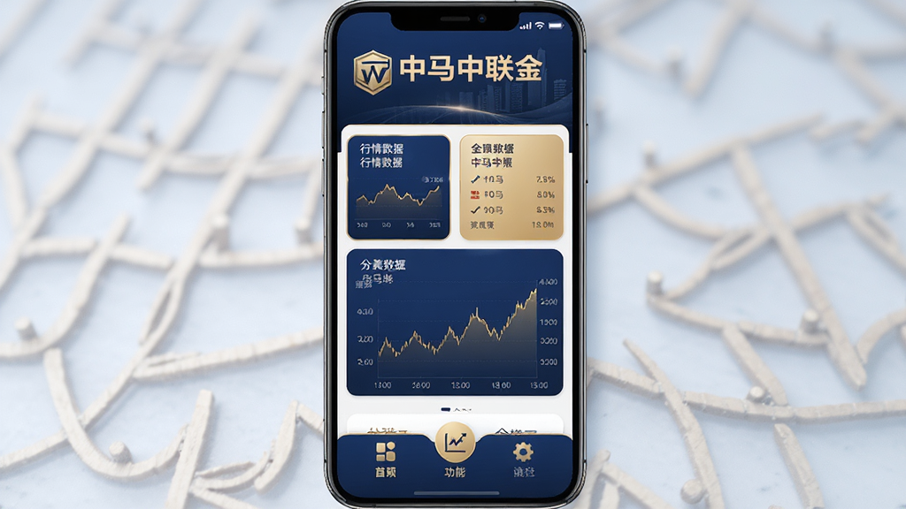手机屏幕中央展示“中马中联金”应用主界面,上方为品牌标识,中部为行情数据卡片与走势图,下方为功能导航栏,整体采用深蓝与金色搭配的商务风格,布局清晰,细节精致,画质干净,无多余元素