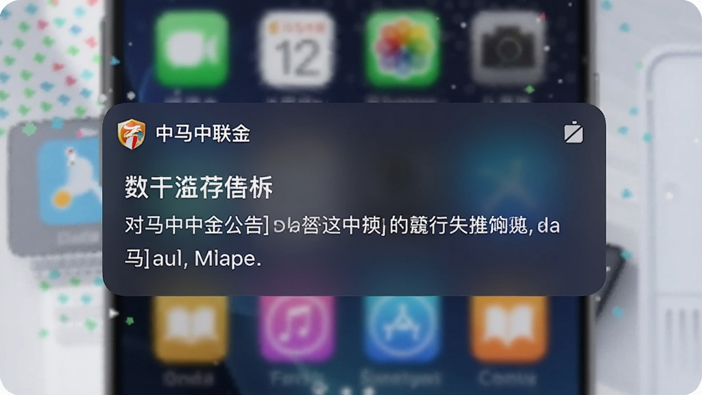 手机锁屏界面弹出“中马中联金”消息通知卡片,卡片内显示公告标题与简要内容,背景为深色渐变,文字清晰,画质干净,无多余元素