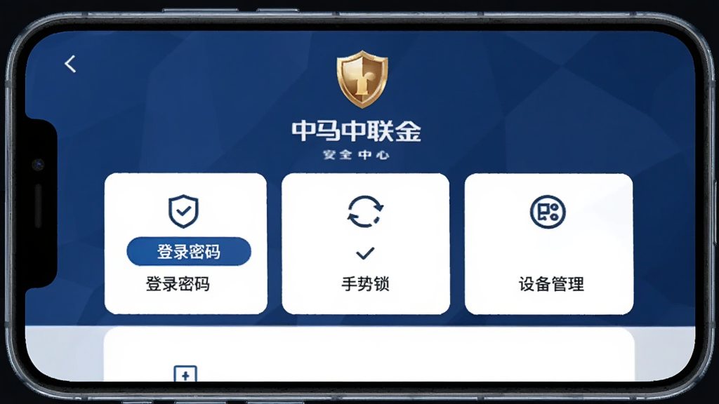 手机屏幕展示“中马中联金”安全中心页面,包含登录密码、手势锁、设备管理等选项,页面顶部有盾牌图标,整体采用深蓝色调,画质干净,无多余元素