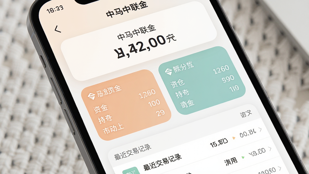 手机屏幕显示“中马中联金”账户总览页面,顶部为总资产数字,中部为资金与持仓分栏,下方为最近交易记录列表,界面采用圆角卡片设计,色调柔和,画质干净,无多余元素