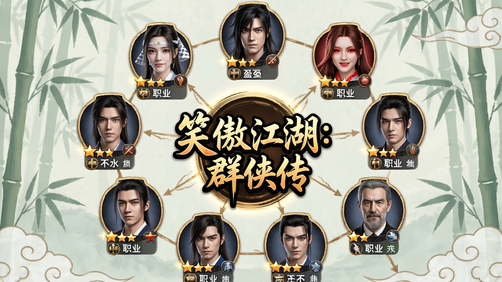 画面以圆形阵列展示多位侠客头像,中心为“笑傲江湖:群侠传”标志,周围环绕令狐冲、任盈盈、东方不败、岳不群等角色,每位角色下方配有星级与职业图标,背景为淡雅的竹林与云纹,风格为卡牌收集界面风格,细节包含头像描边、星级光泽、羁绊连线,画质清晰,干净构图,无多余元素