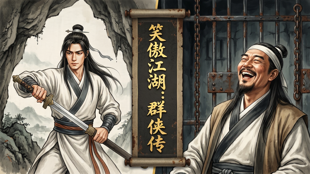 画面采用分镜式布局,左侧展示令狐冲在思过崖山洞中修习剑法的场景,右侧呈现任我行在西湖底牢狱中仰天大笑的片段,中间用卷轴样式的分割线隔开,卷轴上书写“笑傲江湖:群侠传”金色字样,整体风格为工笔重彩国风,细节包含岩壁纹理、铁链锈迹、人物表情刻画,画质细腻,干净构图,无多余元素
