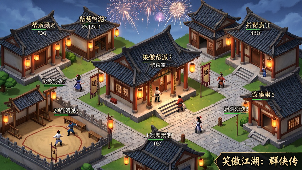 画面为帮派领地全景,中央是气派的帮派大厅,周围分布演武场、仓库、议事厅等建筑,多名玩家角色在场景中走动互动,头顶显示帮派名称与称号,天空中有烟花绽放,角落处标注“笑傲江湖:群侠传”字样,风格为等距视角国风建筑,细节包含灯笼、旗帜、砖瓦纹理,画质细腻,干净构图,无多余元素