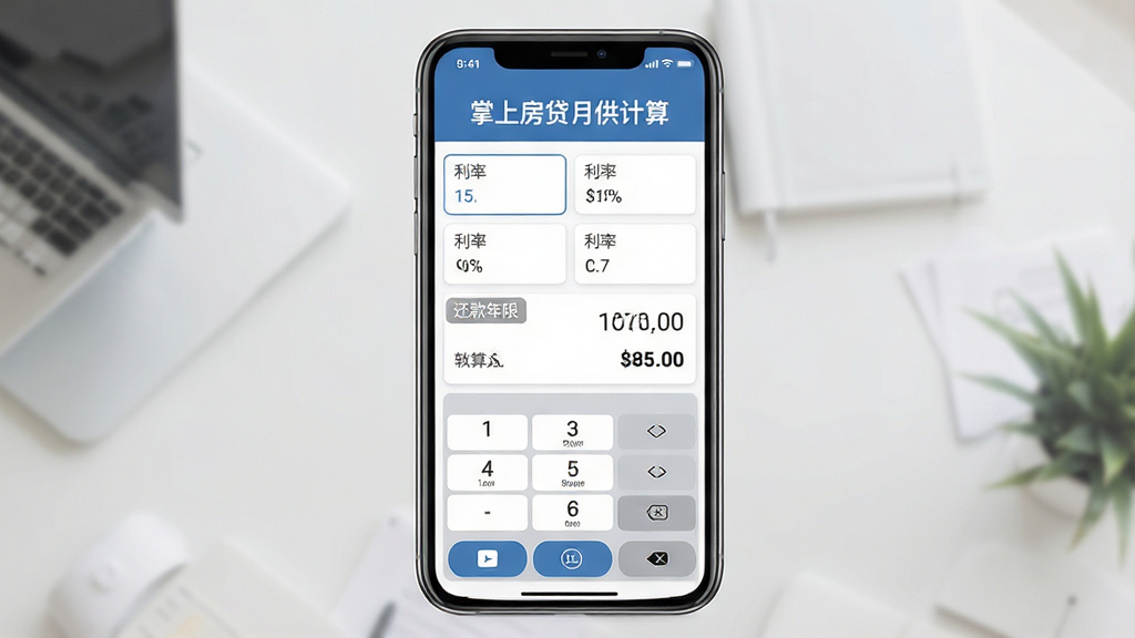 掌上房贷月供计算软件主界面展示,主体为一部竖屏手机,屏幕中显示房贷月供计算表单与结果数据,布局采用居中构图,上方为软件名称“掌上房贷月供计算”,中部为输入框和计算结果卡片,底部为功能按钮,排版清晰整齐,风格为现代简约商务风,细节包含数字键盘、利率百分比、还款年限标签,画质高清,画面干净,无多余元素