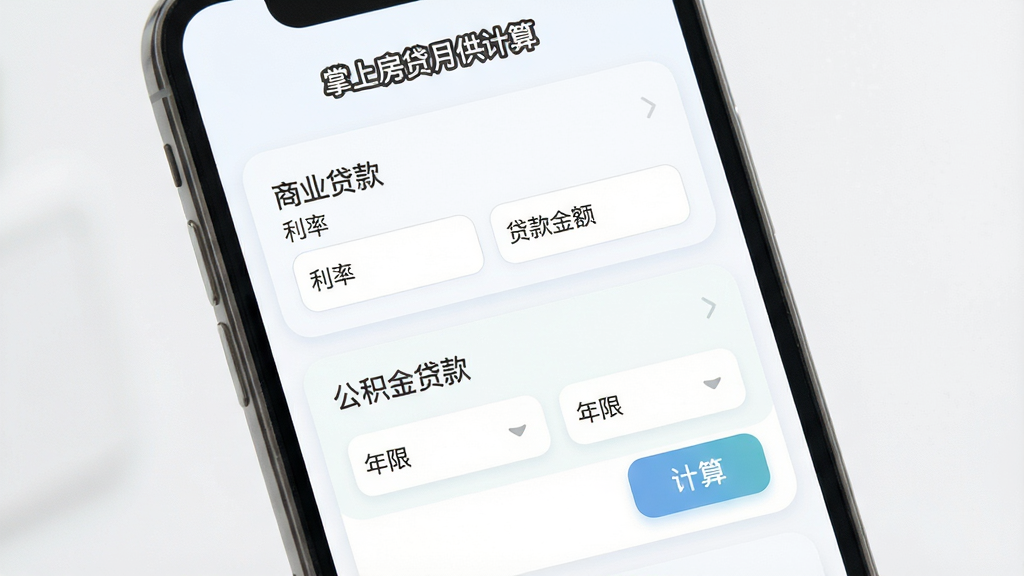 掌上房贷月供计算组合贷款设置页面,主体为手机界面,展示商业贷款与公积金贷款两个输入区域,布局为上下结构,排版清晰,风格为柔和圆角卡片风,细节包含利率输入框、贷款金额、年限选择、计算按钮,画面中文字“掌上房贷月供计算”“商业贷款”“公积金贷款”,画质高清,干净,无多余元素