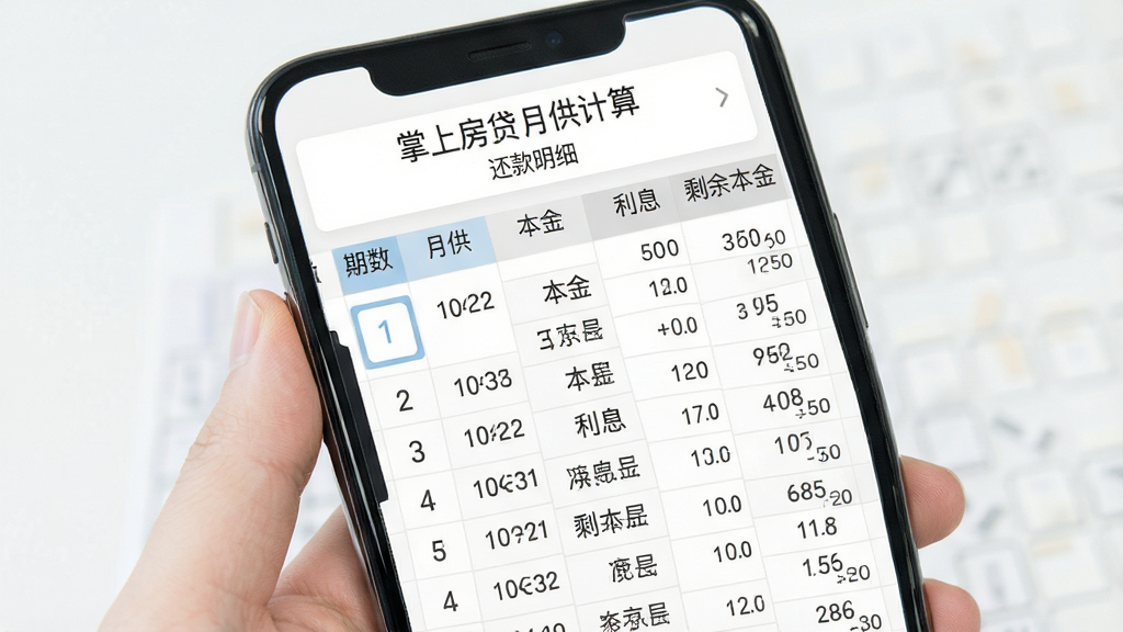 掌上房贷月供计算还款明细表页面,主体为手机屏幕,显示逐月还款列表,布局为纵向表格,排版规整,风格为极简数据风,细节包含期数、月供、本金、利息、剩余本金等列,画面中文字“掌上房贷月供计算”“还款明细”,画质高清,干净,无多余元素
