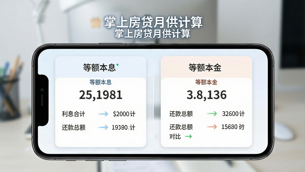 掌上房贷月供计算双模式对比界面,主体为手机屏幕,左侧显示等额本息结果卡片,右侧显示等额本金结果卡片,布局为左右分栏,排版整齐,风格为清爽浅色商务风,细节包含月供数字、利息合计、还款总额、对比箭头,画面中文字“掌上房贷月供计算”“等额本息”“等额本金”,画质高清,干净,无多余元素