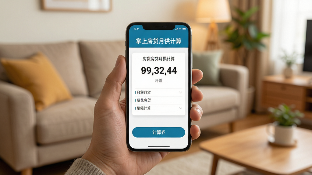掌上房贷月供计算移动端使用场景图,主体为一只手拿手机在客厅查看房贷月供结果,布局为人物手部与手机屏幕特写,排版以手机界面为中心,风格为生活化写实风,细节包含手机屏幕上的“掌上房贷月供计算”字样、月供数字、计算按钮,背景为温暖家居环境,画质高清,干净,无多余元素