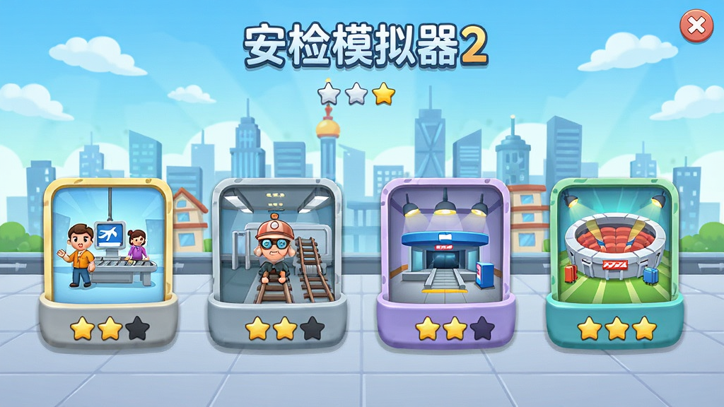安检模拟器2游戏关卡选择界面,画面中展示机场、火车站、地铁站、体育馆四个场景入口,每个入口有卡通图标和星级评价,背景是城市天际线,风格清新明亮,排版整齐,细节精致,画质高清,无多余元素