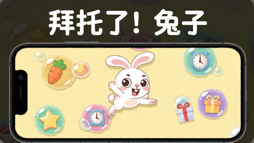 手机屏幕竖屏展示,屏幕内是一只卡通兔子在多个彩色气泡关卡图标之间跳跃,每个气泡图标代表不同玩法,分别画出胡萝卜、星星、时钟、礼物盒等小图案;背景为淡黄色,整体风格为扁平化UI插画;兔子表情兴奋,动作动感十足;画面干净整洁,色彩柔和明亮,画质清晰,无多余元素,屏幕上方用白色圆润字体标注“拜托了!兔子”