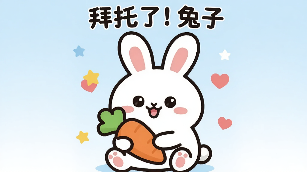 画面中央是一只圆润可爱的白色卡通兔子,占据画面主体位置,兔子呈坐姿,双爪捧着一根胡萝卜,表情呆萌开心;背景为柔和的浅蓝色渐变,四周散落几颗小星星和爱心装饰;整体采用扁平插画风格,线条干净简洁,色彩明快清新;细节上兔子的耳朵内侧为淡粉色,眼睛圆而有神;画质清晰,画面干净,无多余元素,图片上方用圆润字体写着“拜托了!兔子”