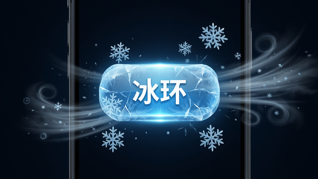 冰环一键极速降温功能展示,手机屏幕中央有醒目的冰蓝色按钮,周围环绕雪花与冷风特效,背景为深色,主体突出,布局居中,排版简洁,风格动感科技,细节有冰裂纹理与光效,画质高清,干净,无多余元素