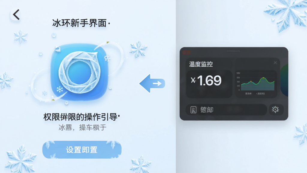 冰环新手操作界面截图,手机屏幕显示权限授予引导与温度监控悬浮窗,背景为浅色,主体为冰环图标与设置选项,布局清晰,排版友好,风格简洁明快,细节有指示箭头与冰晶装饰,画质高清,干净,无多余元素