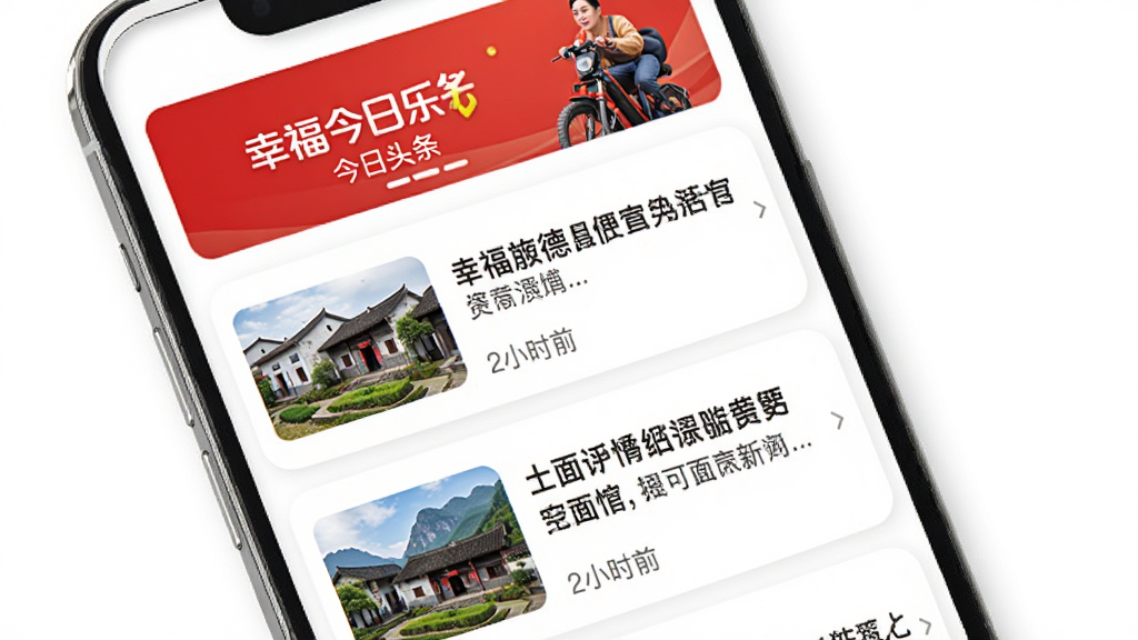 手机界面展示幸福旌德APP新闻资讯列表页,页面顶部为今日头条横幅,下方依次排列多条新闻卡片,卡片包含标题、缩略图和发布时间,布局为垂直列表,风格现代简约,细节上卡片圆角设计,字体清晰,背景为白色,画质高清干净,无多余元素