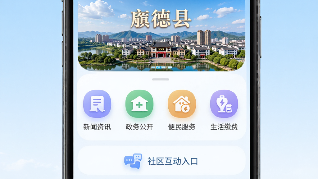 手机屏幕居中展示幸福旌德APP主界面,顶部为旌德县城市风光背景图,中间排列新闻资讯、政务公开、便民服务、生活缴费四个功能图标,底部为社区互动入口,整体布局采用上下结构,风格清新简洁,细节上图标圆角柔和,背景为浅蓝色渐变,画质高清干净,无多余元素