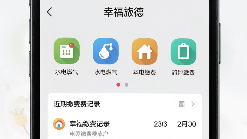 手机屏幕展示幸福旌德APP便民缴费页面,页面中央为水电燃气缴费图标排列,下方显示近期缴费记录列表,布局为上下分区,风格温馨实用,细节上图标色彩鲜明,背景为浅灰色,画质高清干净,无多余元素