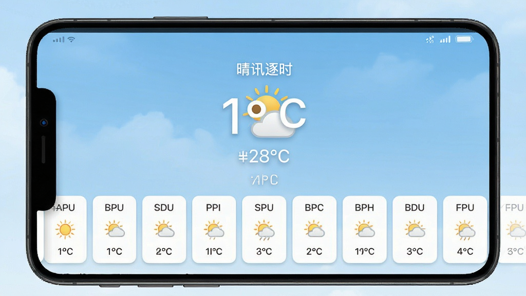 一张展示晴讯逐时天气应用主界面的手机屏幕截图,画面中央是当前温度与天气图标,下方排列着逐小时预报的横向滑动卡片,背景为淡蓝色渐变天空,风格清新简洁,画质清晰,干净无多余元素