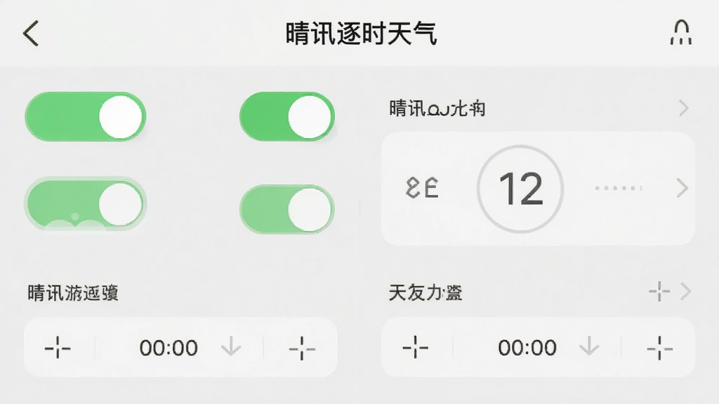 晴讯逐时天气应用内天气提醒设置界面,画面中显示多个开关按钮与时间选择器,背景为浅灰色极简风格,界面元素排列整齐,带有“晴讯逐时天气”字样,画质干净,无多余元素