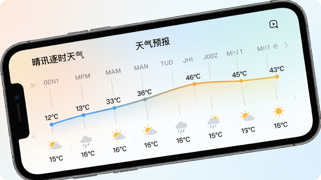 晴讯逐时天气应用内逐小时预报页面,屏幕显示横向时间轴与温度曲线图,每个时间点下方有天气图标和温度数值,背景为柔和的浅色渐变,界面清爽,画质清晰,干净无多余元素