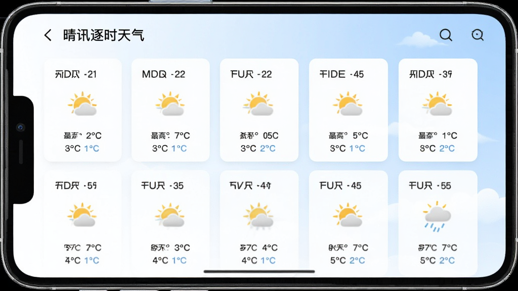 晴讯逐时天气应用内多日天气预报列表界面,画面中显示未来七天的天气卡片,每张卡片包含日期、天气图标、最高最低温度,背景为淡雅白色与浅蓝搭配,风格简约,画质清晰,无多余元素