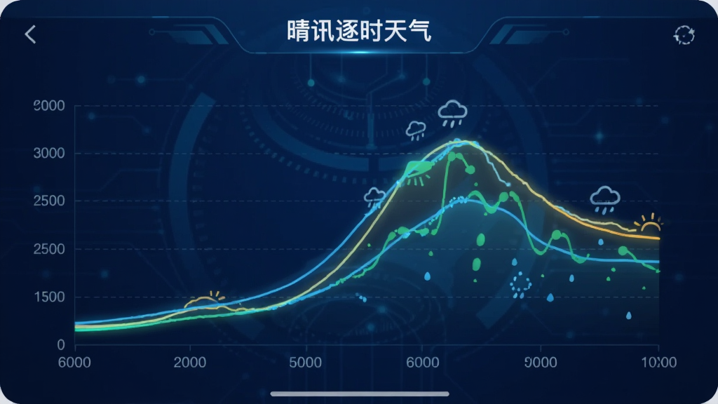 晴讯逐时天气应用内的分钟级降水预报界面,画面中以曲线图展示未来两小时的降水强度变化,背景为深蓝色科技感风格,图表线条清晰明亮,带有“晴讯逐时天气”文字标识,画质干净,无多余元素