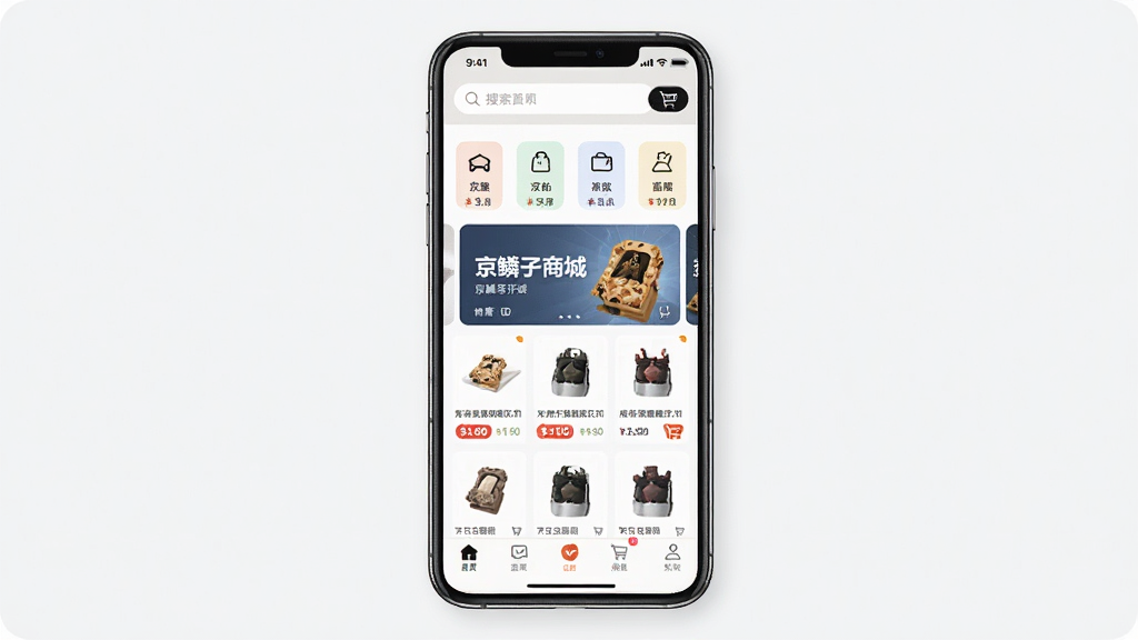 一幅展示京鳞子商城移动端首页界面的场景图,主体为一部竖屏智能手机,屏幕内呈现电商首页布局,顶部有搜索框,中部为商品分类图标与轮播优惠横幅,底部为导航栏,布局居中对称,风格简洁现代,细节包括商品缩略图、价格标签、购物车图标,画质清晰,干净,无多余元素