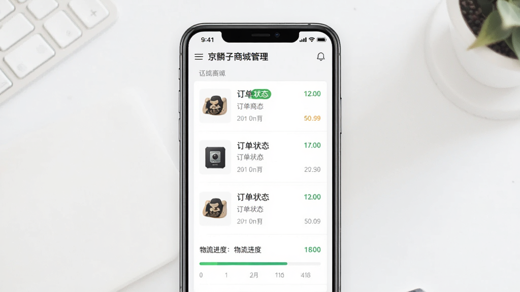 一幅展示京鳞子商城订单管理页面的场景图,主体为手机屏幕内呈现订单列表,包含商品图片、订单状态标签、物流进度条,布局纵向排列,风格简约商务,细节有状态文字与时间节点,画质清晰,干净,无多余元素