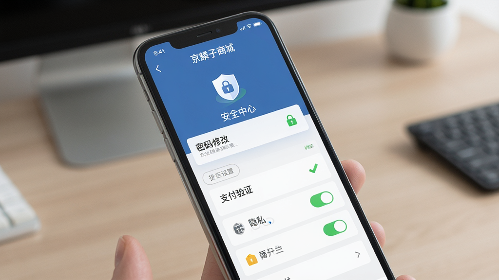 一幅展示京鳞子商城安全设置页面的场景图,主体为手机屏幕内呈现安全中心界面,包含密码修改、支付验证、隐私开关等选项,布局清晰,风格沉稳专业,细节有盾牌图标与状态提示,画质清晰,干净,无多余元素