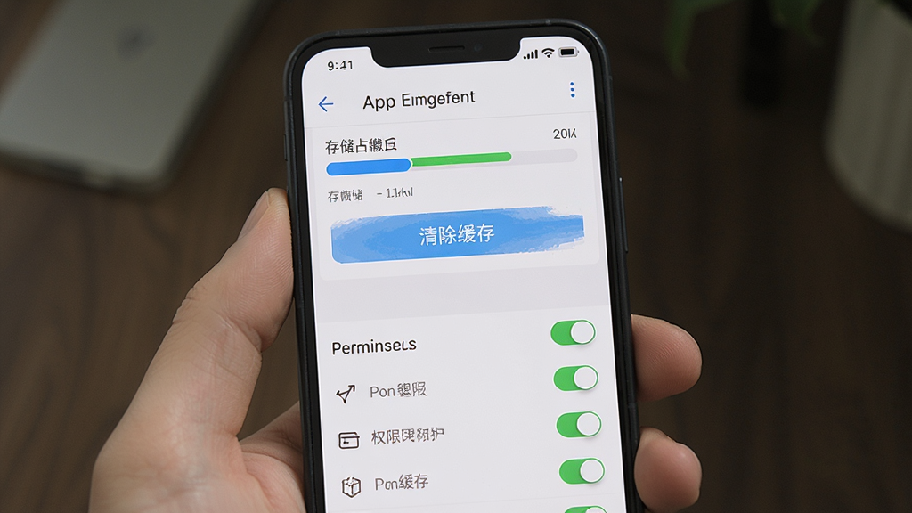 一幅展示手机清理缓存与权限设置界面的场景图,主体为手机屏幕内呈现应用管理页面,包含存储占用条、清除缓存按钮、权限开关列表,布局清晰,风格简洁实用,细节有进度条与图标,画质清晰,干净,无多余元素
