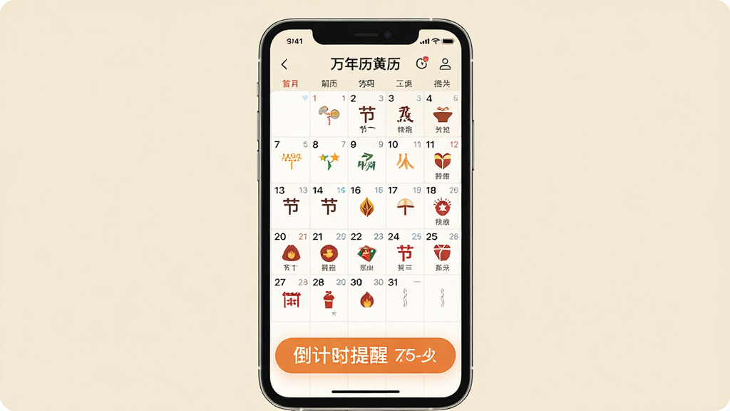 一幅展示万年历老黄日历节气节日提醒功能的AI生图,主体为手机屏幕上的月视图日历界面,日历格子里标注着二十四节气和传统节日的小图标,屏幕下方有倒计时提醒条,背景为淡雅的米黄色,布局为手机居中展示,排版清爽,风格为扁平化UI设计风,细节包括节气图标精美、日期数字清晰、提醒条醒目,画质高清,干净,无多余元素。