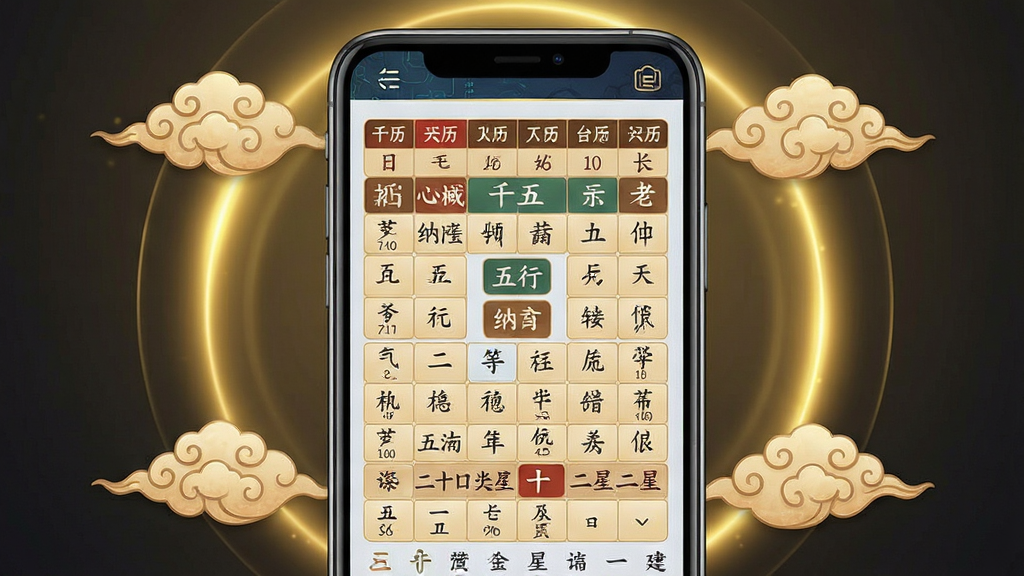 一幅展现万年历老黄日历权威数据模块的AI生图,主体为手机屏幕特写,屏幕上以清晰的表格形式展示干支纪日、五行纳音、二十八宿、十二建星等专业历法内容,周围环绕着淡淡的金色光晕和传统云纹装饰,布局为居中构图,排版层次分明,风格为科技与传统结合的数字艺术风,细节包括文字清晰可辨、图标精致、光影柔和,画质高清,干净,无多余元素。