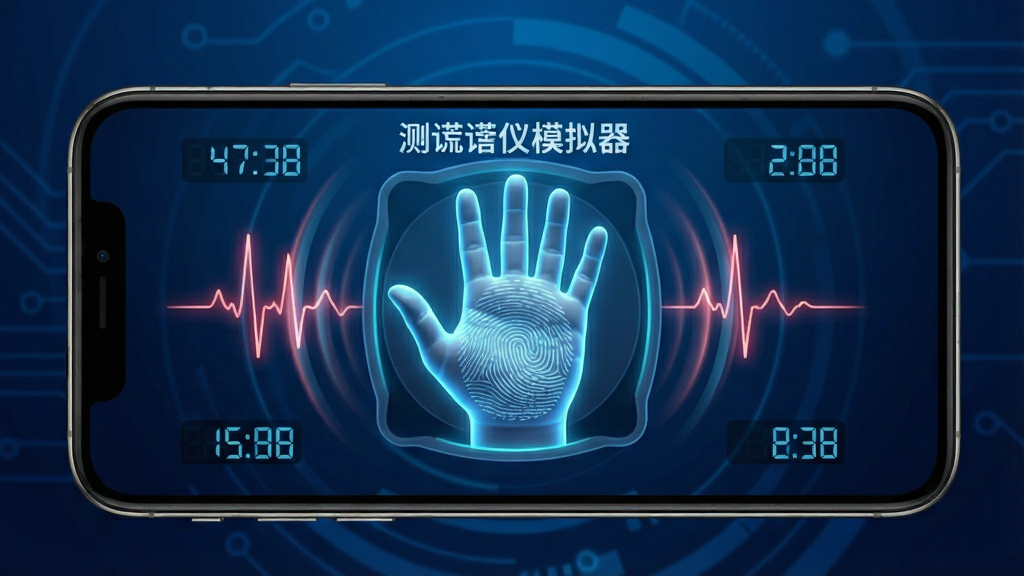 测谎仪模拟器软件主界面展示,手机屏幕中央有一个发光的手掌感应区域,周围环绕心跳波纹和数字读数,背景是深蓝色科技感渐变,画面中央有