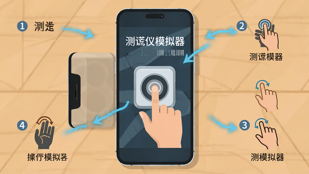 测谎仪模拟器新手操作示意图,一部手机平放在桌面上,屏幕上显示手指按压感应区的动画演示,旁边有箭头标注操作步骤,画面中央有