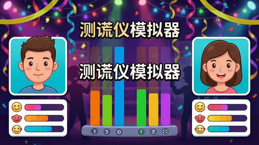 测谎仪模拟器多人互动模式界面,两个人物头像分别位于屏幕左右两侧,中间是测谎结果对比柱状图,背景为派对彩带和灯光效果,画面中央有