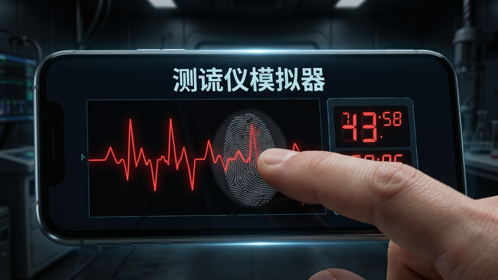 测谎仪模拟器生物反馈感应功能展示,一只手指按压手机屏幕,屏幕上显示红色心跳波形曲线和数字跳动面板,背景为暗色实验室风格,画面中央有