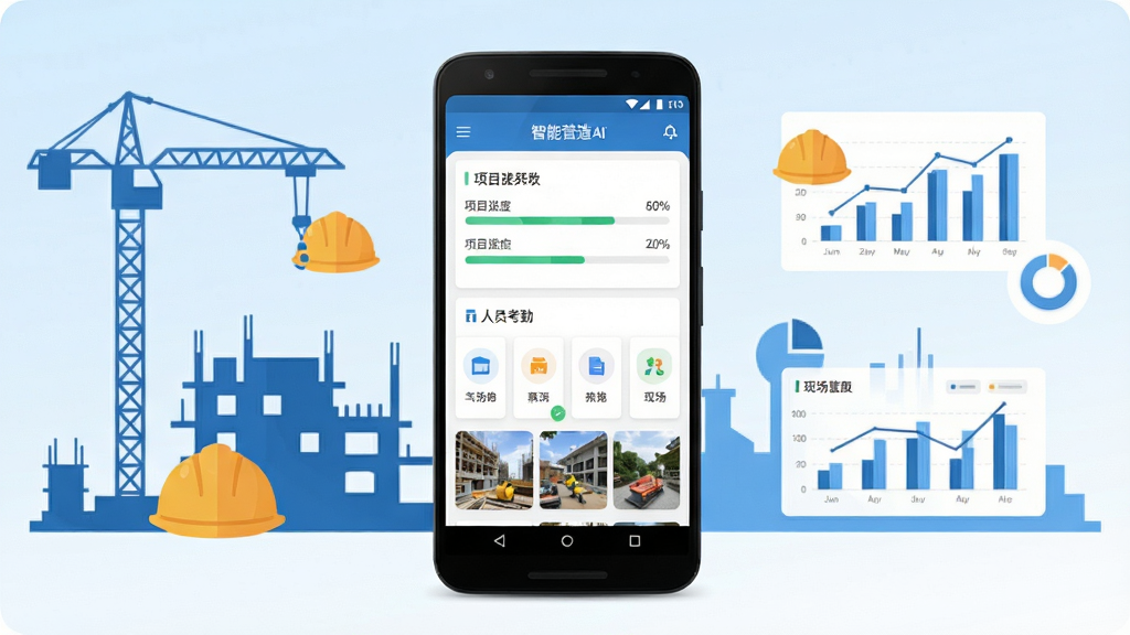 智慧营造软件主界面展示图,画面中央放置一部安卓手机,手机屏幕上显示智慧营造APP的首页仪表盘,包含项目进度条、人员考勤卡片和现场照片缩略图,背景为简洁的蓝白渐变色调,周围环绕着建筑工地剪影、安全帽图标和数据分析图表等元素,整体采用扁平化科技风格,细节清晰,画质干净,无多余元素