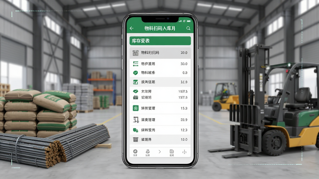 智慧营造物料管理功能界面图,手机屏幕展示物料扫码入库界面与库存列表,周围有钢筋、水泥袋、叉车等建筑元素,背景为仓库场景,色调以灰色和绿色为主,风格简洁实用,画质清晰,无多余元素