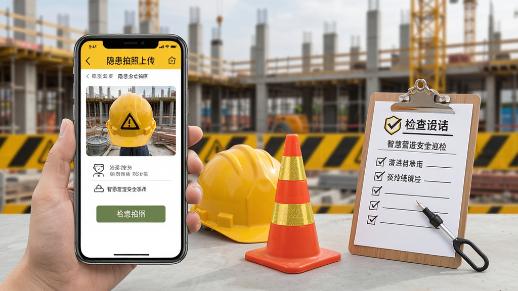 智慧营造安全巡检界面示意图,手机屏幕显示隐患拍照上传页面,画面中有安全帽、警示锥、检查清单等元素,背景为施工现场,色调以黄色和灰色为主,突出安全警示氛围,风格写实,画质干净,无多余元素