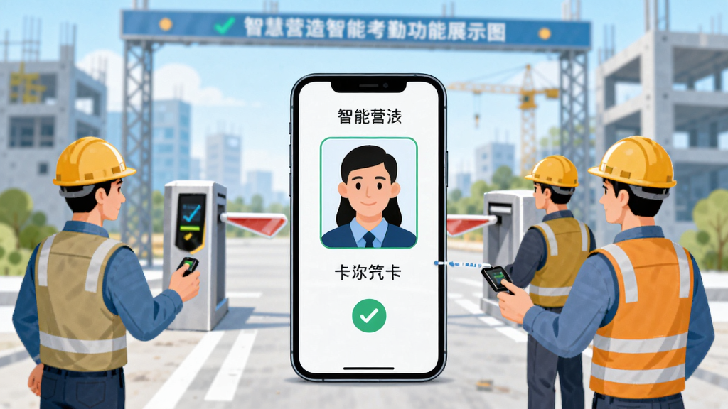 智慧营造智能考勤功能展示图,画面中间一部手机显示人脸识别打卡界面,周围有工人佩戴安全帽排队打卡的插画,背景为工地入口闸机场景,色调明亮,风格简洁现代,突出便捷与高效,画质清晰,无多余元素