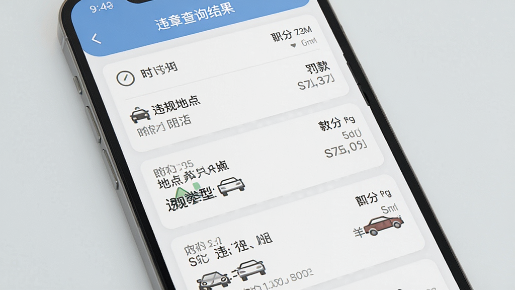 一张展示驾驶违规助手违章查询结果页面的图片,手机屏幕中显示多条违章记录列表,每条记录包含时间、地点、违规类型和扣分罚款信息,界面排版整齐,配色清爽,背景为浅灰色,画质清晰,无多余装饰元素