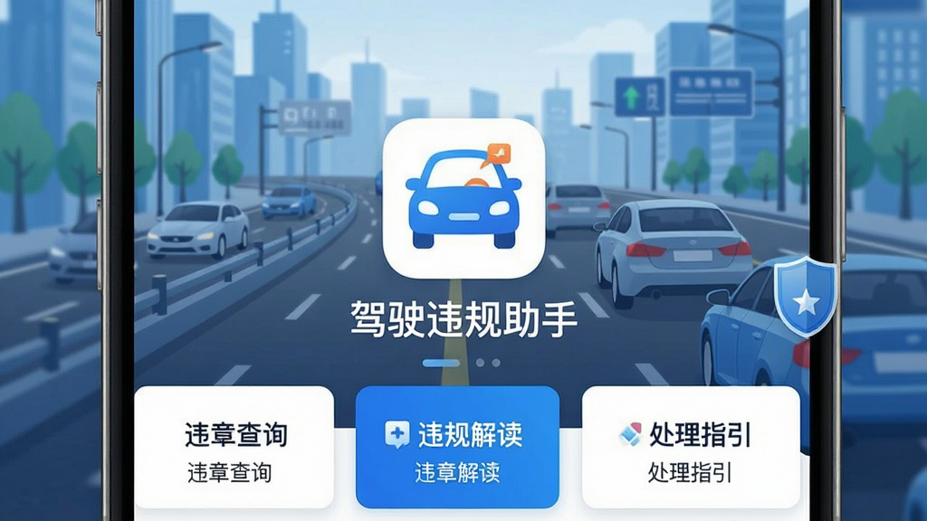一张手机屏幕展示驾驶违规助手应用主界面的图片,画面中央是应用图标和名称