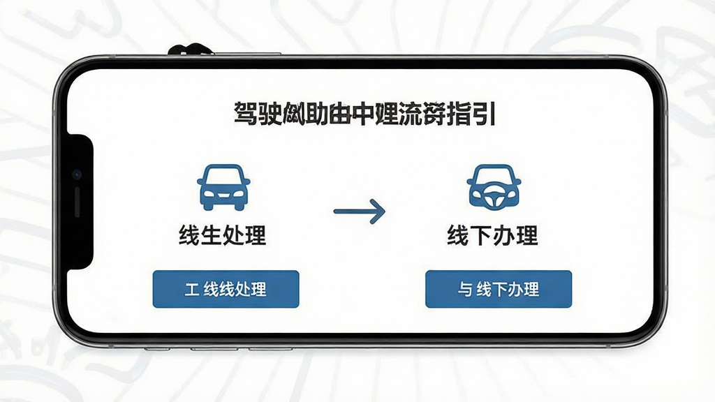 一张展示驾驶违规助手处理流程指引页面的图片,手机屏幕中显示步骤式操作指引,包含线上处理与线下办理两个入口,配有简洁图标和文字说明,背景为白色,整体风格商务简洁,画质高清,干净无多余元素