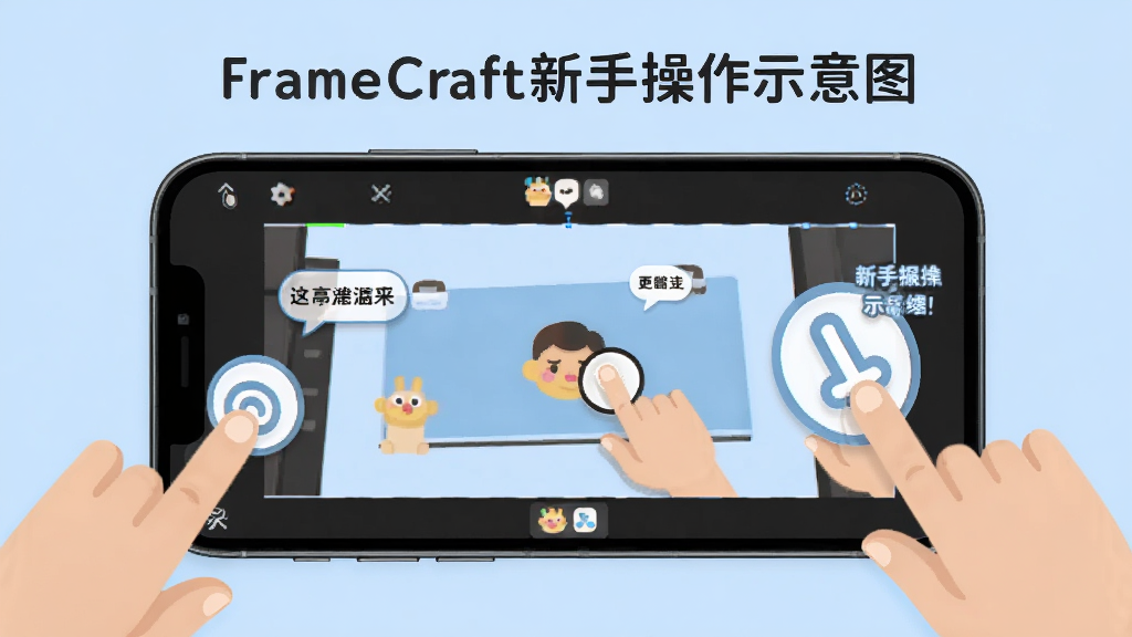 FrameCraft新手操作示意图,画面中一部手机横屏显示编辑界面,旁边有手指点击和滑动的指示图标,背景为浅蓝色,风格清新友好,细节展示操作步骤和提示气泡,画质高清,干净,无多余元素